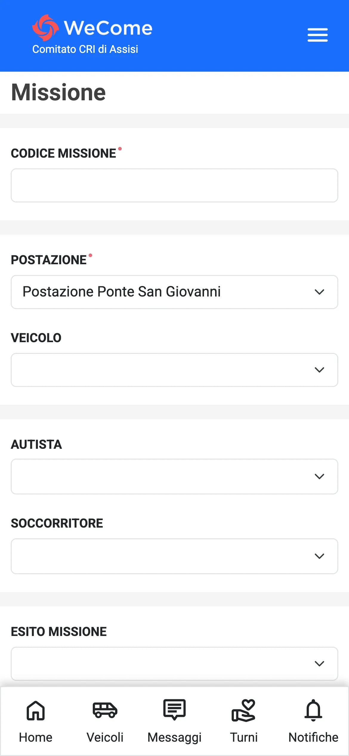 La compilazione di una missione 118 nell'app WeCome: codice missione, postazione, autista e soccorritore, esito dell'intervento e codici colore di uscita e rientro