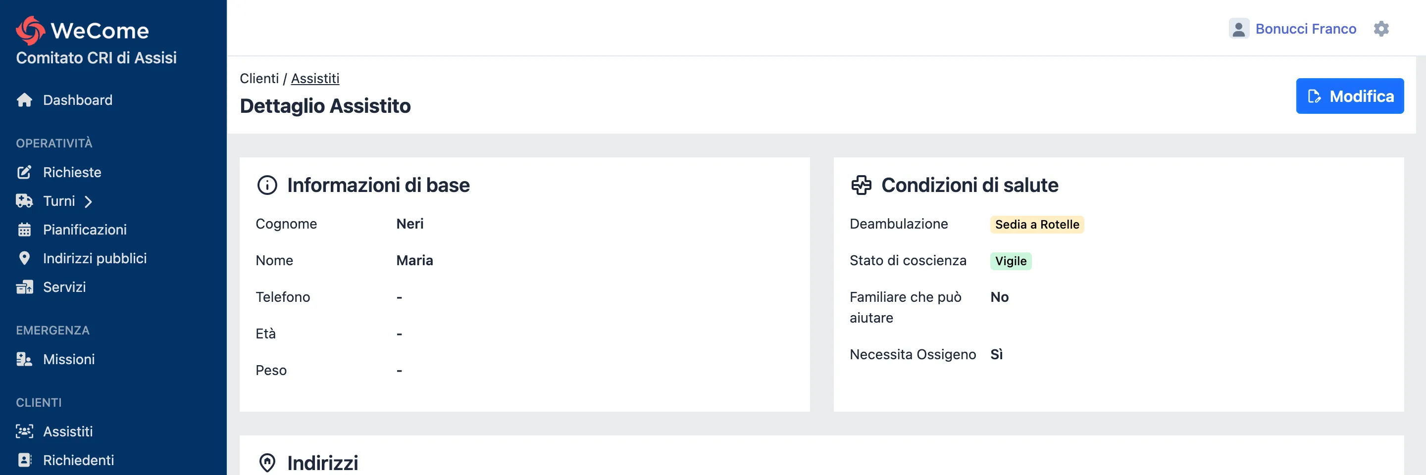 La scheda di un assistito in WeCome: dati anagrafici e condizioni di salute, con deambulazione, stato di coscienza e necessità di ossigeno